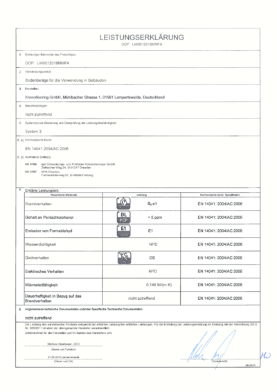 Leistungserklärung DOP LW0012018MMFA